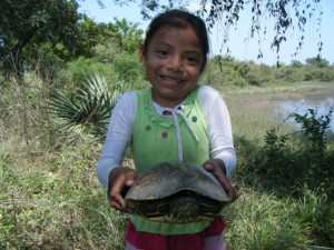 Little Ana holds the turtle that we will be releasing into its new home